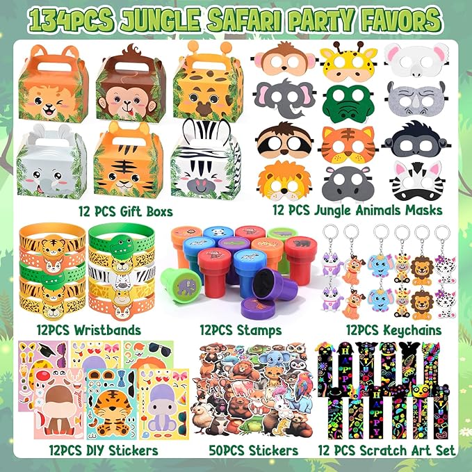 134 Jungle Safari Party Favors Animal Birthday Supplies Zoo Mask Silicone Bracelet Stamp Gift Box Bookmark DIY Sticker Keychain Kid Boy Girl Toy Gift Goodie Bag Stuffer Wild One Party Favors
