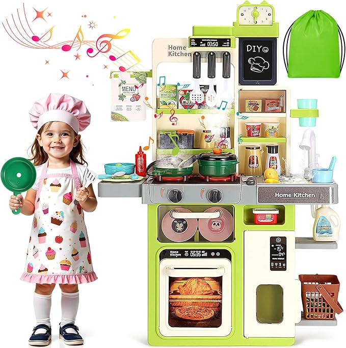 Kids Kitchen Playset, Easface Play Kitchen for Toddlers 1-3 with Sound and Light, Cooking Stove with Steam, Play Sink and Toy Kitchen Accessories Pretend Kitchen Toys for Girls Boys 3-5 (Soft Green)