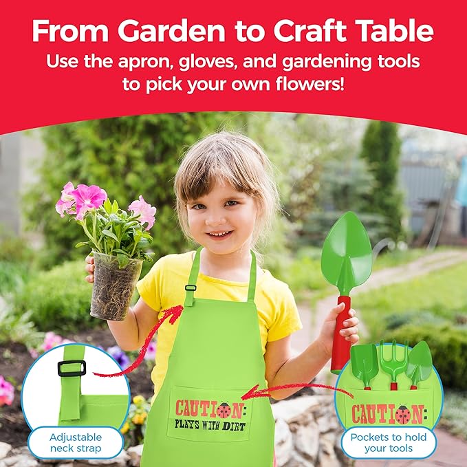 Gardening Pretend Play Set & Flower Press Kit - Kids Gardening Set with Apron, Pair of Gloves, 3 Gardening Tools, Wooden Flower & Leaf Press - Safe Outdoor Gardening Tools for Kids & Teens