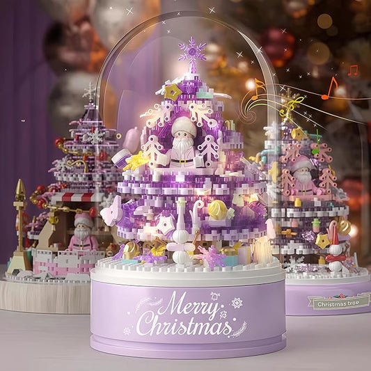 Christmas Tree Building Blocks Set for Kids - 2024 Rotating Christmas Tree Music Box with Glass Cover Xmas Holiday Construction Toy Gift for Boys and Girls (706PCS)