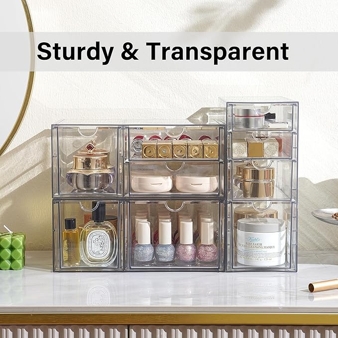 Prsildan Acrylic Drawer Makeup Organizer with 9 Drawers, Set of 3 Office Desk Organizers Accessories, Clear Stackable Storage Drawers for Vanity, Countertop, Craft, Jewelry, Art Supply Organization