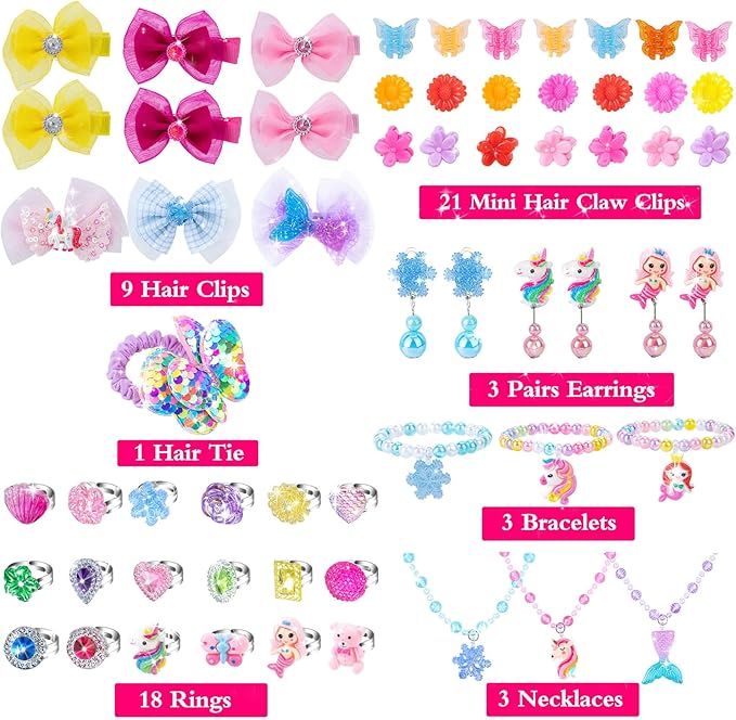 Jewelry Toys for Girls, Adjustable Rings, Bracelets, Necklaces, Butterfly Hair Clips, Toddler Bows, Unicorns Kids Toys Set for Princess Dress Up, Christmas Birthday Gifts, 3 4 5 6 7 8 9+ Year Old Girl