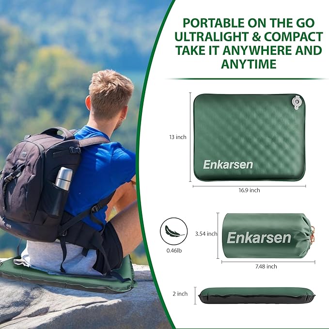 Inflatable Seat Cushion, Self-Inflating Memory Foam Airplane Seat Cushion Portable Camping Sitting Pad for Travel Stadium Car Bleachers Outdoors Office,Lightweight,Supports Back Comfort (Green)