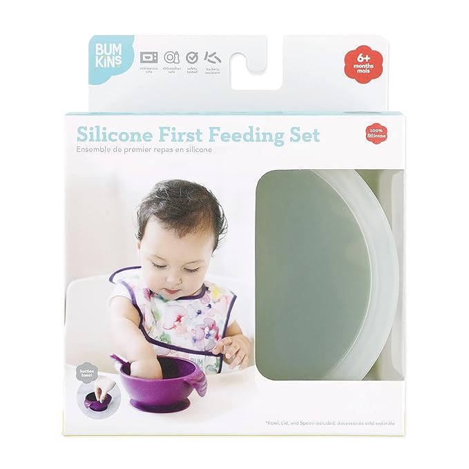 Bumkins Baby Bowl, Silicone Feeding Set with Suction for Baby and Toddler, Includes Spoon and Lid, First Feeding Set, Training Essentials for Baby Led Weaning for Babies 4 Months Up, Sage