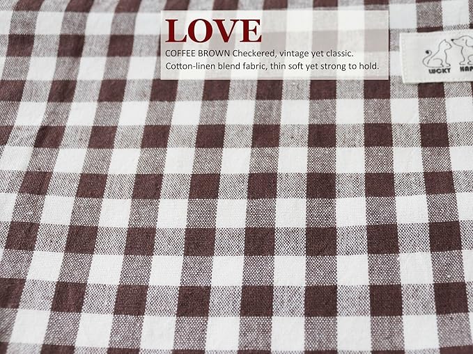 HAPPYHEIDI Brown Gingham Cotton Makeup Bag Cosmetic Travel Pouch Purse Organizer, Zipper Closure, Canvas Lined, Vintage Coffee Brown