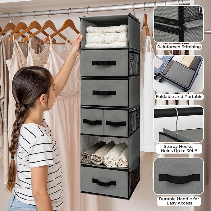 GRANNY SAYS Hanging Closet Organizer 6 Shelves, Closet Organizers and Storage with 5 Drawers, 6 Side Pockets Closet Hanging Organizer, Hanging Storage Organizer for Closet, Baby Clothes, Gray