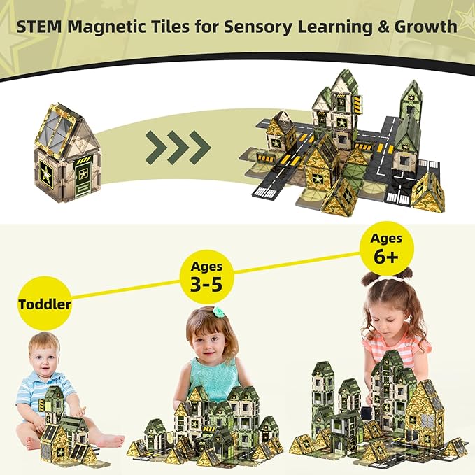 GobiDex Magnetic Tiles Army Toys, Military Magnet Tiles Building Blocks for Toddlers STEM Construction Preschool Toys for Kids Ages 3-5 4-8, 3+ Years Old Boys Girls Birthday Gifts Toys Army Men Games