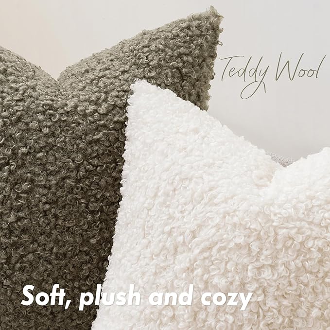 Woaboy Faux Fur Throw Pillow Covers 20x20 Inch Set of 2 Boucle Neutral Decorative Sherpa Fuzzy Accent Soft Sheepskin Fleece Cushions Modern Christmas Home Decor for Couch Sofa Bedroom Livingroom,White