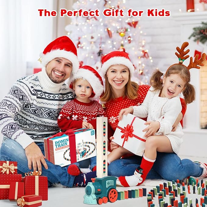 Domino Train Toy Set for Kids, 100 Pcs Automatic Dominoes Blocks Building and Stacking Toys Creative Kids Games Early Education Christmas Birthday Gift Boys Girls Age 3 4 5 6 Year Old (Cyan)