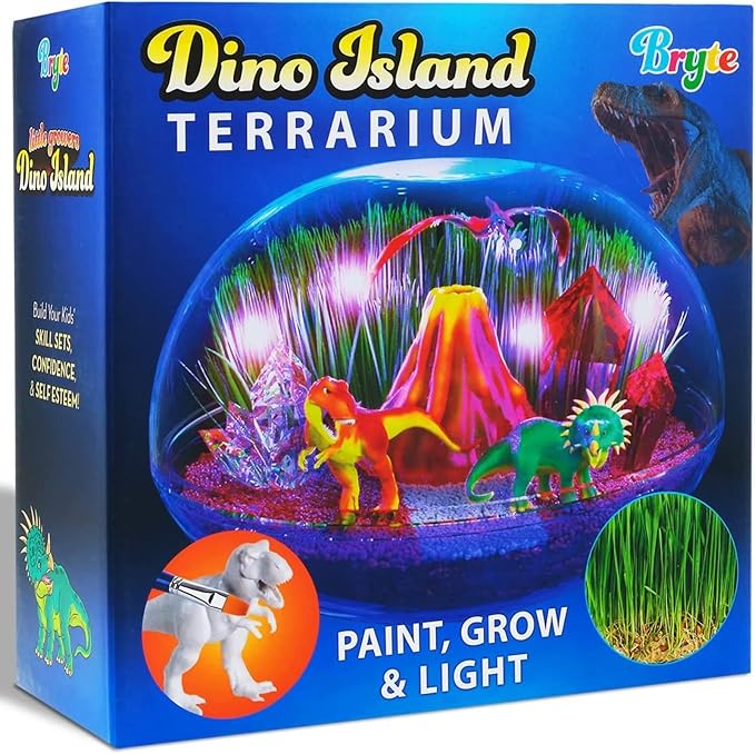 Bryte Light Up Dinosaur Terrarium Kit for Kids - Dino Habitat with Real Plants, Figurines, Volcano & LED Lights, DIY Science Kit, STEM & Arts Crafts Toys, Birthday Gifts for Boys Aged 4-12 yrs