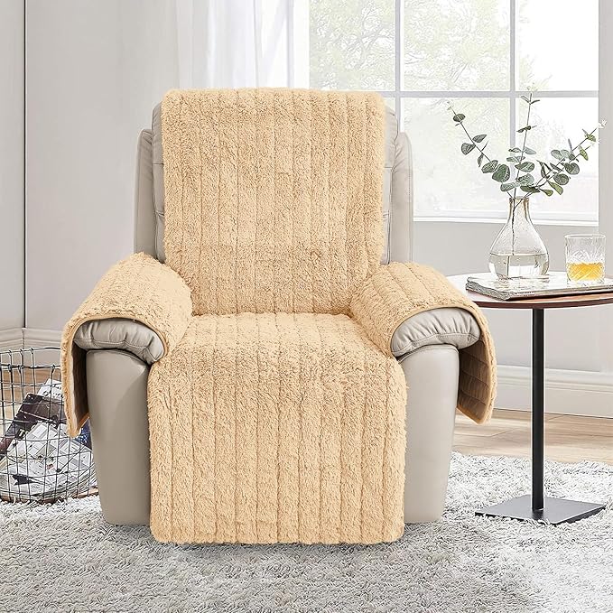 RBSC Home Plush Recliner Slipcover 23 Inches Beige Chair Covers Artificial Wool Lazy Boy Cover Quilted Cover for Recliner Chairs and Furniture Soft Warm