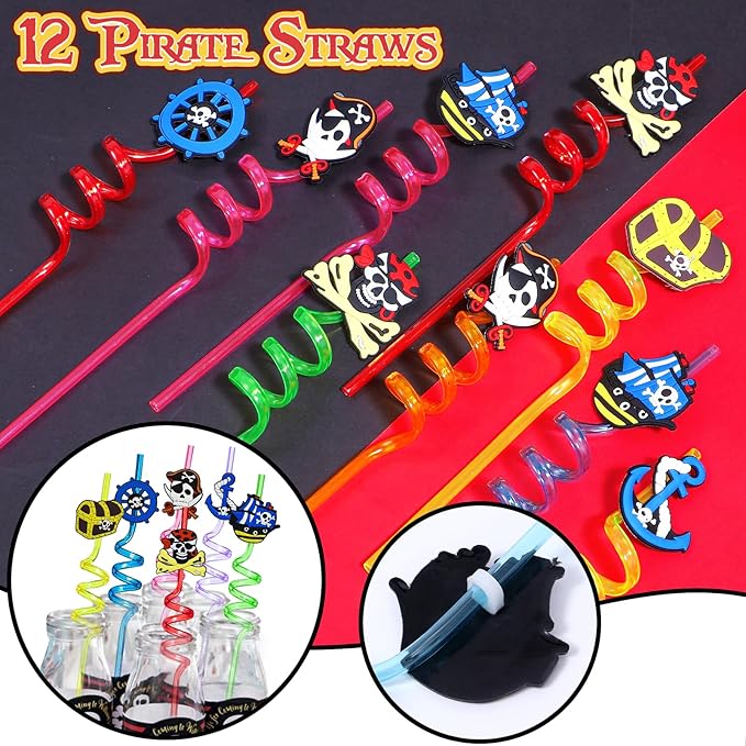 180 Pirate Party Favors Birthday Supplies Straw Gold Coin Gems Sticker Stamp Keychain Slap Bracelet Toy Gift Boy Girl Kid Goodie Bag Stuffer Carnival Prize Decorations Pirate Party Supplies