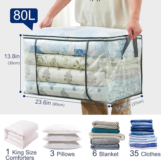 80L Clear Large Storage Bag, Clothes Storage Containers for Organizing Closet, Bedroom, Underbed, Comforters, Clothing, Blankets, Pillow, Foldable Organizer with Sturdy Handle and Zippers (6)