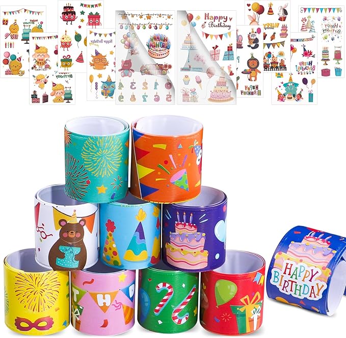 30pcs Happy Birthday Slap Bracelets with 10pcs Tattoo Stickers for Kids Birthday Party Favors Classroom School Favors Prizes Exchanging Favors