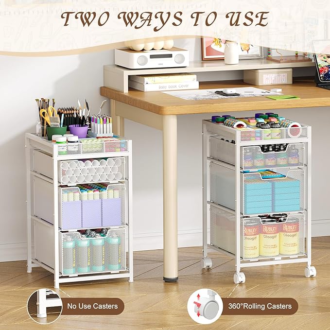 Rolling Utility Cart with 3 Drawers, Craft Organizer and Storage with DIY Divider, Lockable Wheels, Multi-Functional Storage for Art Supplies, Store for Brushes & Paints & Artifacts,White