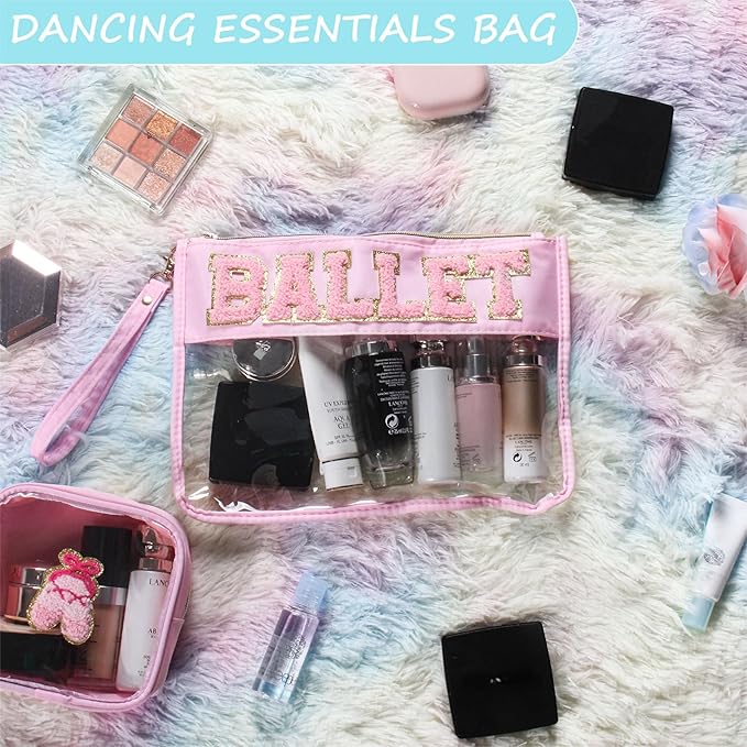 BuyCard 2 Pcs Ballet Gifts Cosmetic Makeup Bag with Chenille Letter Patch, Clear Pouch PVC Organizer Purse, Waterproof Travel Bag, Portable Toiletry Storage Bag for Her Girls Friends Women