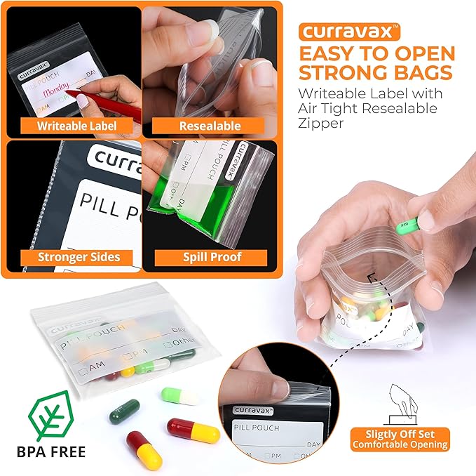 CURRAVAX Pill Pouch Bags for Travel Pack of 400 - BPA Free 3 x 2.75 inch Pill Pouch - Pill Pouches for Medicine with Write on Label –Clear Ziplock Pill Baggies for Travel Medicine Organizer