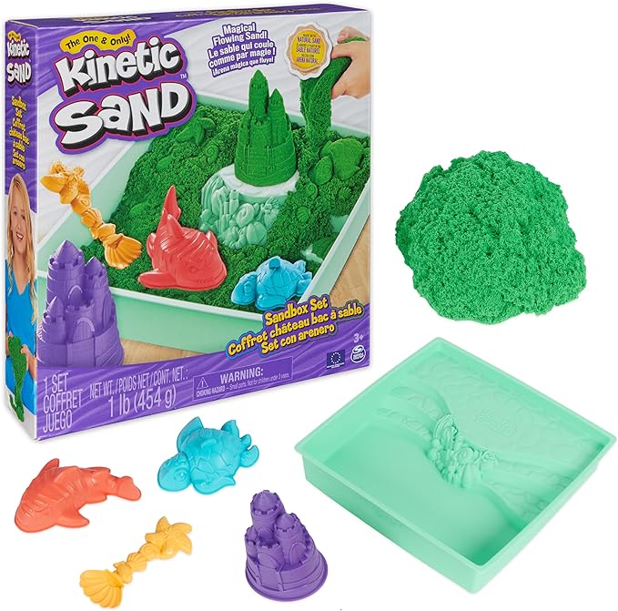 Kinetic Sand, Sandbox Set with 1lb Green Play Sand, 4 Tools & Molds, Storage, Sensory Toys for Kids Ages 3 and up