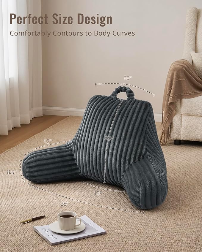 Blissful Diary Reading Pillow for Sitting in Bed, Large Flannel Back Pillow Bed Sitting Up for Adult & Children, Backrest Cushion for Sit Up in Couch or Floor, Dorm Essentials, Dark Gray