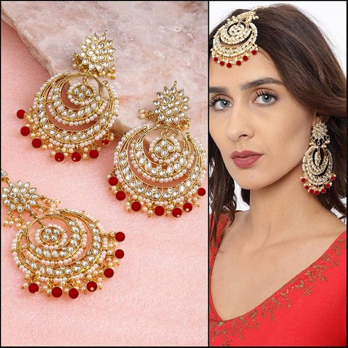 Aheli Bollywood Ethnic Chandbali Style Big Earrings Maang Tikka Set Traditional Fashion Jewelry Gift for Women