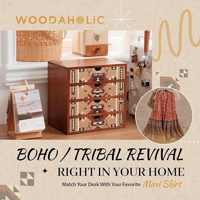 Boho Navajo Wooden Desk Organizer with Drawers – 4-Drawer Desktop Storage Box – Rustic Tribal Wood Desk Organizer for Office, Vanity, or Craft Supplies – Compact & Stylish Wooden Storage Drawers