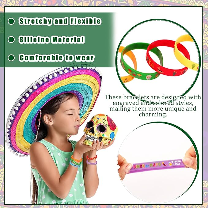JUNEBRUSHS 42pcs Mexican Fiesta Silicone Bracelets Cactus Guitar Hat Rubber Wristbands Party Favors Accessories for Mexican Fiesta Birthday Party Decorations Gift (7 Designs)