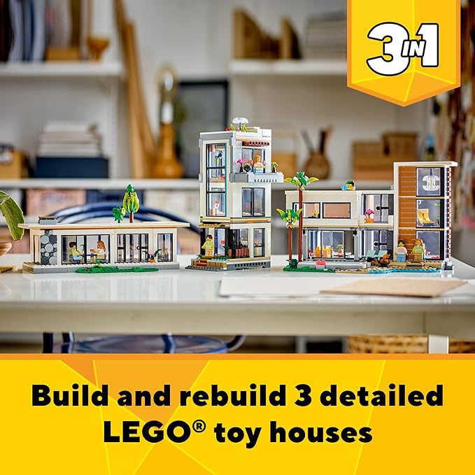 LEGO Creator 3 in 1 Modern Toy House - Kids Toy Building Set with 3 Building Options for Boys & Girls, Ages 9+ - with 2 Minifigures for Pretend Play - Gift Idea for Birthday - 31153