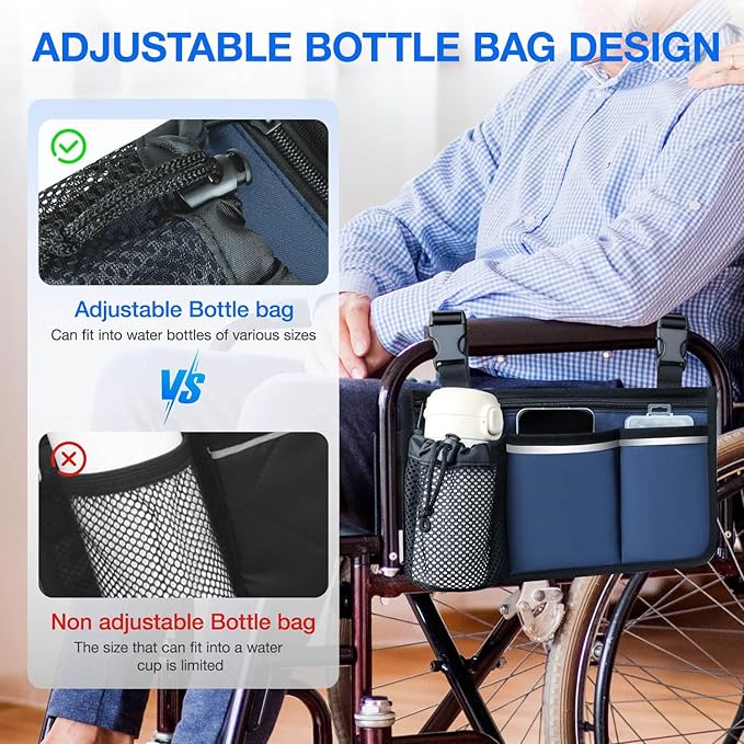 Wheelchair Bag, Walker Bag, Armrest Organizer Pouch with Cup Holder, Reflective Strip, Accessories for Most Wheelchairs, Walkers, Rollators (Navy Blue)