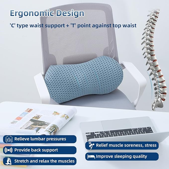 Lumbar Pillow, Memory Foam Lumbar Support Pillow for Office Chair and Car Seat, Ergonomic Streamline Back Pillow for Lower Back Pain Relief, Back Support Pillow for Sitting, Driving, Traveling