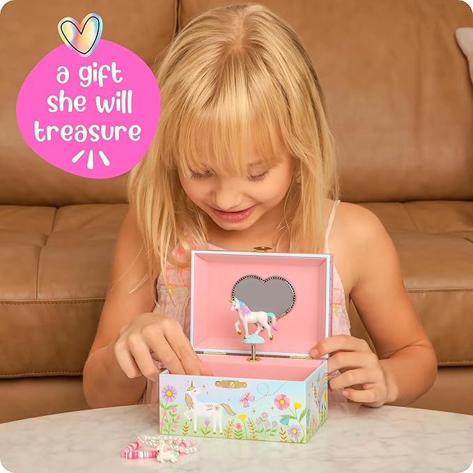 Floral Unicorn Jewelry Box - Unicorn Toys for Girls Age 4-6 - Kids Jewelry Box with Spinning Unicorn - 6 x 4.7 x 3.5 in