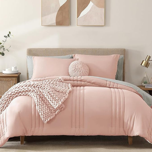 Monbix Queen Comforter Set - 7 Pieces Light Pink Bed in a Bag Queen Bedding Sets with Comforters, All Seasons Comforter Bed Set with Sheets, Pillowcases & Shams