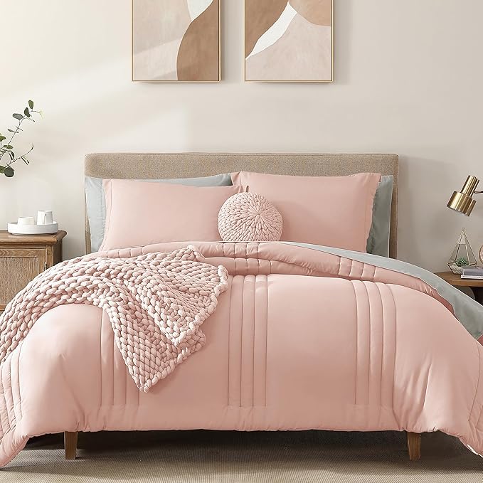 Monbix Full Comforter Set - 7 Pieces Light Pink Bed in a Bag Full Size Bedding Sets with Comforters, All Seasons Comforter with Sheets, Pillowcases & Shams