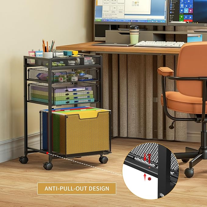 Rolling File Cart with 3 Storage Drawers, Under Desk Filing Cabinet with DIY Divider, Hanging File Folder Organizer on Wheels, Fits A4/Letter Size, Metal Utility Cart for Home Office, Black