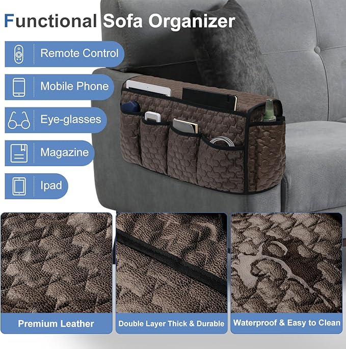 DECKALY TV Remote Control Holder for Armchair, Arm Chair Caddy for Recliner 14 Pockets, Non-Slip Sofa Armrest Organizer Storage for Cell Phone TV Remote Control Magazines (Brown)