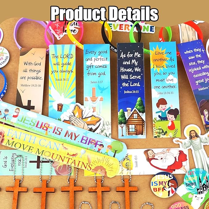 128Pcs Christian Christmas Party Favors Religious Gifts for Kids, With Bible Verse Bookmarks Cross Charm Keychains Jesus Bracelets Badge Stickers, for Sunday School Classroom Reward Prize