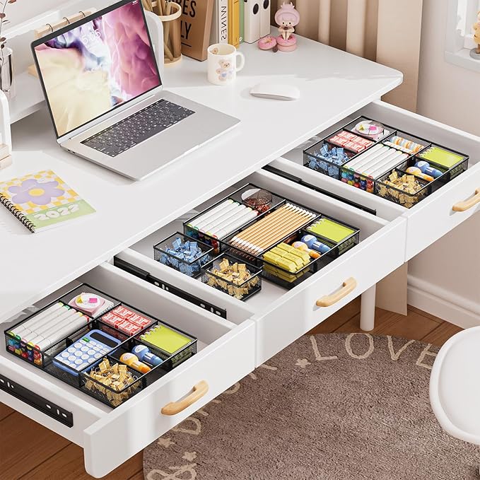 Marbrasse 3 Packs Desk Drawer Organizers, Metal Mesh Dividers Desk Drawer Organizer Tray with 9 Adjustable Compartments, Pen Organizer for Drawer Tray Box Accessories for Desktop,Kitchen, Makeup