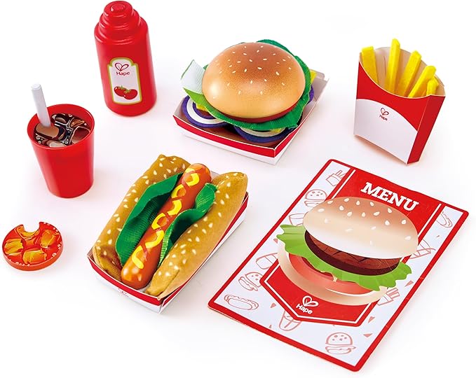 Hape Fast Food Set |Wooden Diner Fast Food Toy Set, Classic American Meal for Pretend Play Includes Burger, French Fries, Hotdogs & Cola
