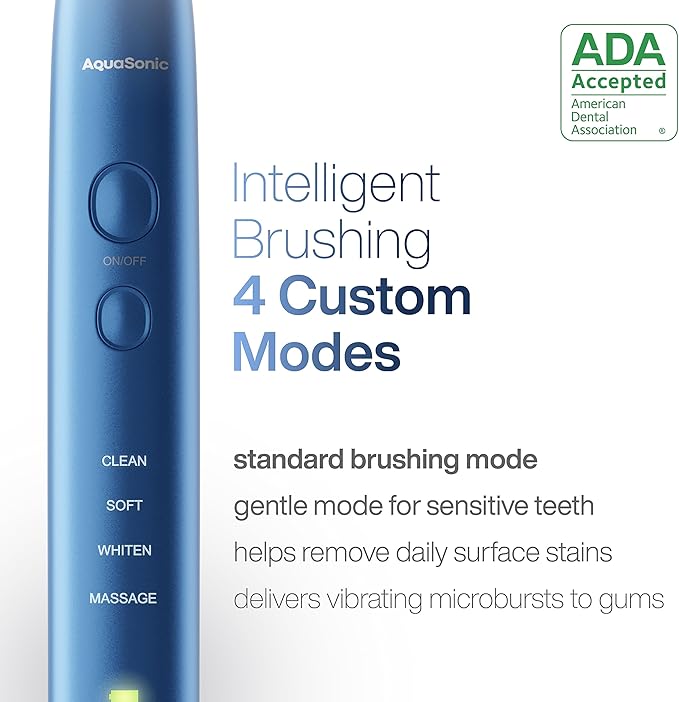 Aquasonic Vibe Series Ultra-Whitening Toothbrush – ADA Accepted Electric Toothbrush - 8 Brush Heads & Travel Case – 40,000 VPM Motor & Wireless Charging - 4 Modes w Smart Timer – Sapphire Blue