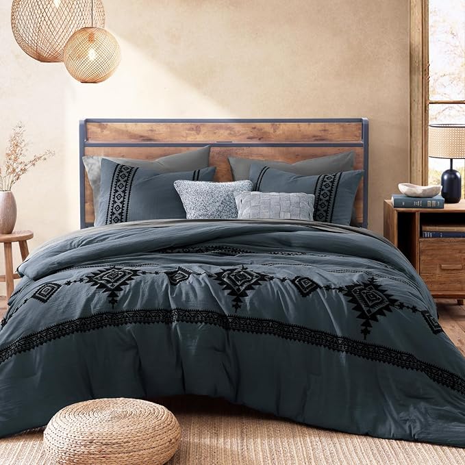 MaiRêve Embroidery Queen Size Comforter Set Blue Grey, Boho Farmhouse Western Bedding Set 7 Pieces, All Season Bed in A Bag Comforter Set with Sheets, Pillowcases & Shams