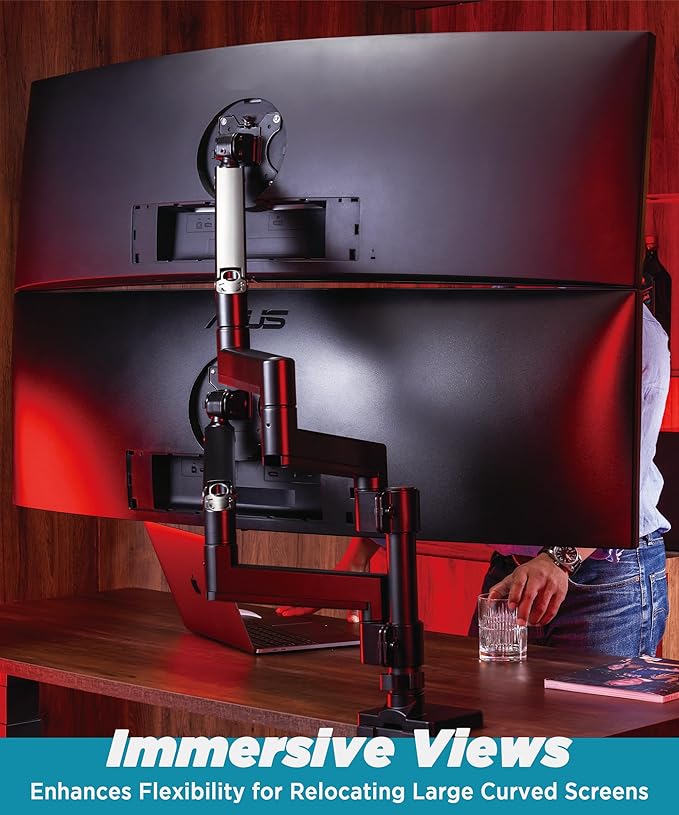 ULTRARM Heavy Duty Monitor Arm for Ultrawide Monitors up to 57" and 44 lbs, Single Desk Stand, Pneumatic Height Adjustable, Modular Extension Arms - Max VESA 100x100, Black, MA20P-S