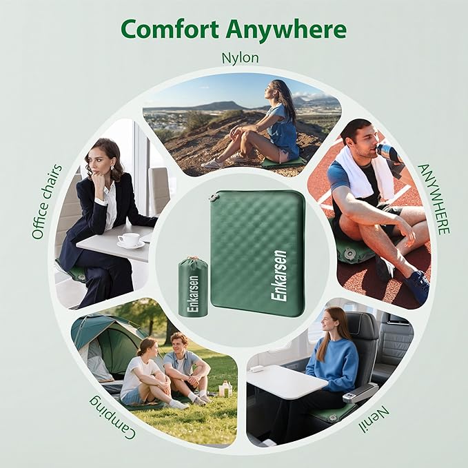 Inflatable Seat Cushion, Self-Inflating Memory Foam Airplane Seat Cushion Portable Camping Sitting Pad for Travel Stadium Car Bleachers Outdoors Office,Lightweight,Supports Back Comfort (Green)
