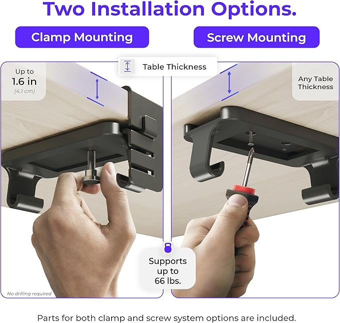 Ascrono Original No Drill Under Desk Cable Management Tray 14.1" - Premium Black Fabric Cable Management Under Desk - Clamp/Screw Mount Cord Organizer - Supports Upto 66lbs