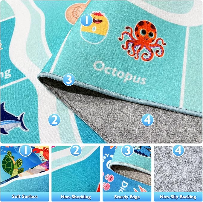 ABC Kids Ocean Rug for Playroom, 4x6ft Alphabet Classroom Rug, Educational Kids Play Mat with Number Shape Animal, Learning Area Rug for Nursery Bedroom Kidsroom, Colorful Non-Slip Washable