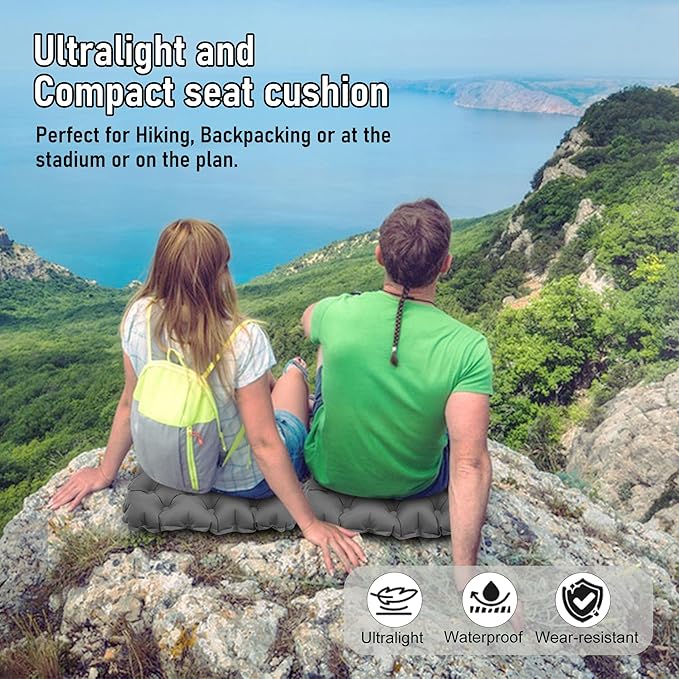 BreezCamp Inflatable Seat Cushion, Lightweight Stadium Seat Pad, Camping Accessories Chair Pad for Airplane Travel, Hiking, Climbing, Home and Office,Gray