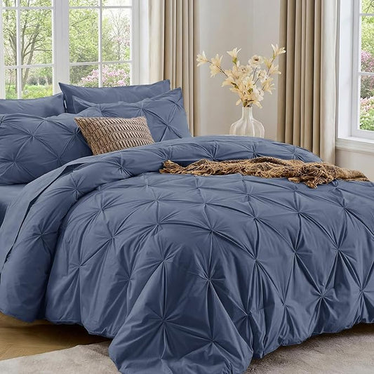 Sasttie Twin Comforter Set, 5-Piece Bed in a Bag, Pintuck Bedding Sets for All Season, Includes Comforter, Flat Sheet, Fitted Sheet, Pillowcase and Pillowsham, Indigo Blue