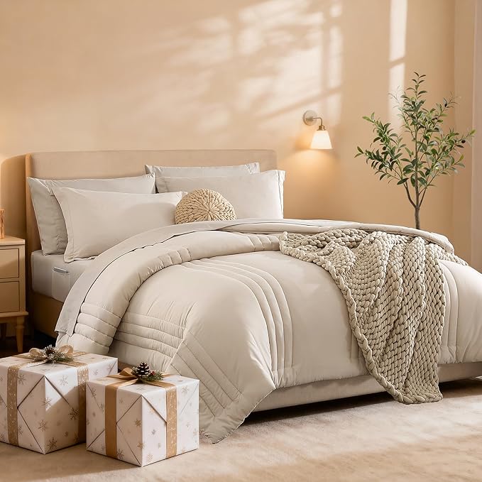 Monbix King Size Comforter Set - 7 Pieces Bed in a Bag King, Apricot Beige Bedding Sets with Comforter, All Seasons Comforter Bed Set with Sheets, Pillowcases & Shams