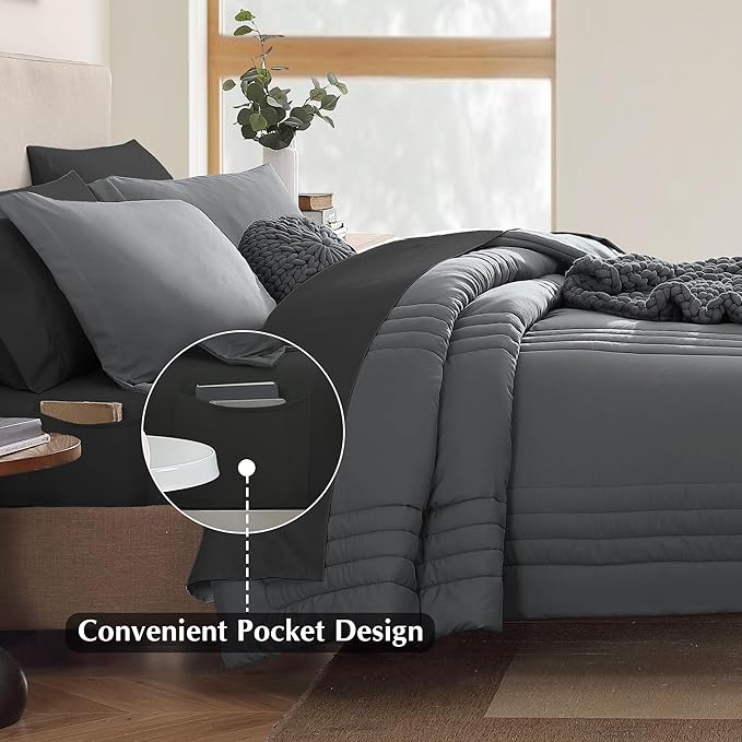 Monbix California King Size Comforter Set - 7 Pieces Bed in a Bag California King, Grey Bedding Sets with Comforter, All Seasons Comforter Bed Set with Sheets, Pillowcases & Shams