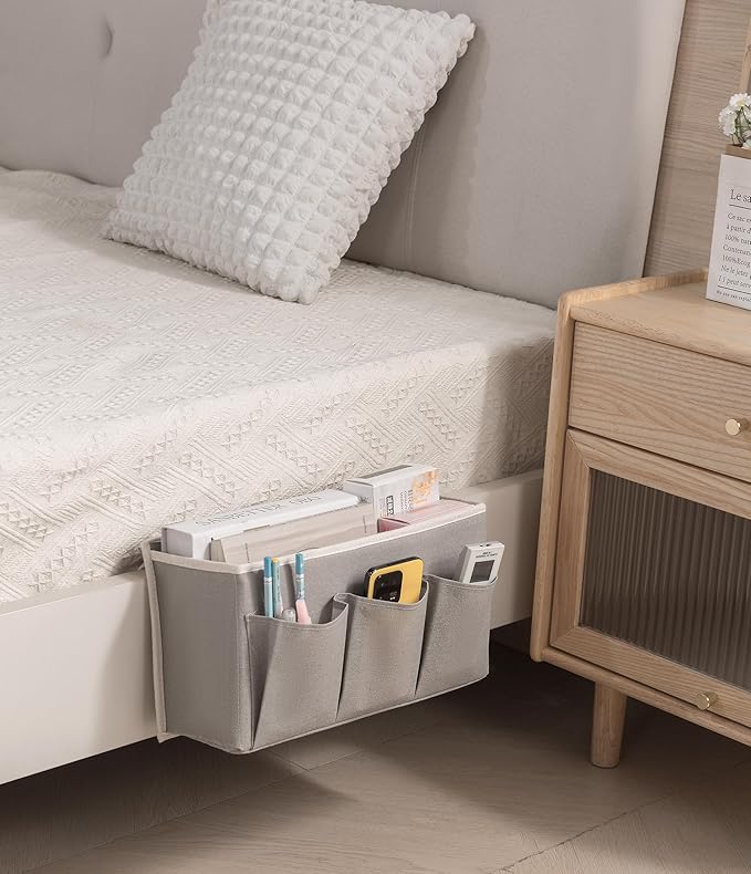 Bedside Caddy/Bedside Storage Organizer Hanging Bag with Three Options,Suitable for home beds, sofas, and dormitory beds—can hold magazines, books, phones, iPads, remote controls. (Gray)