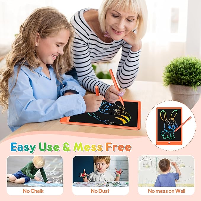 FLUESTON LCD Writing Tablet, Doodle Board Toys Gifts for 3-8 Year Old Girls Boys, 10 Inch Colorful Electronic Board Drawing Pad for Kids, Christmas Gifts for Toddler Educational Learning Travel,Orange