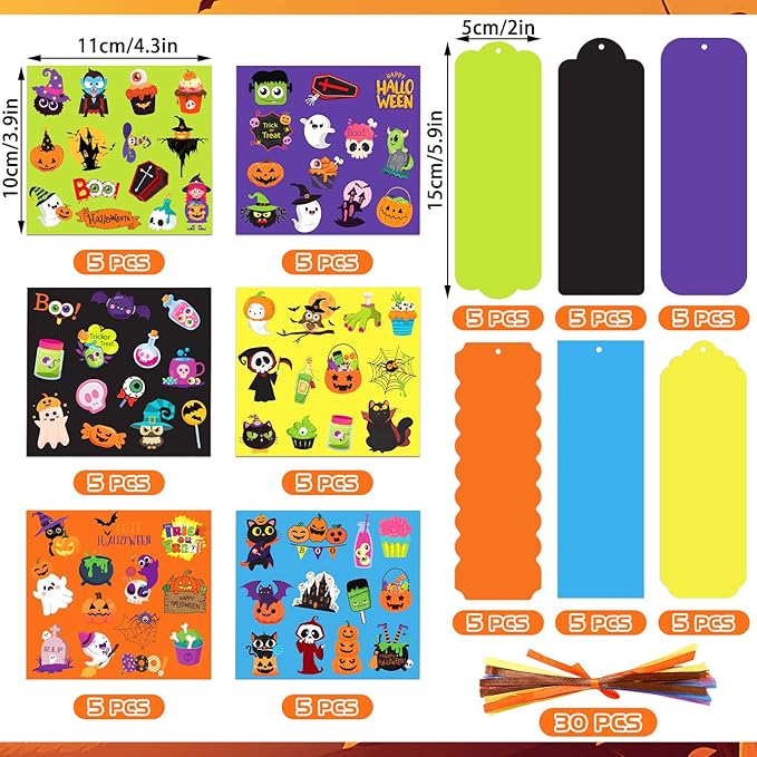 JUNEBRUSHS 30 Sets Halloween Crafts , DIY Halloween Bookmarks Craft Kits with Assorted Pumpkin Witch Ghost Bat Stickers Arts and Crafts Classroom Game Activities Halloween Party Favor